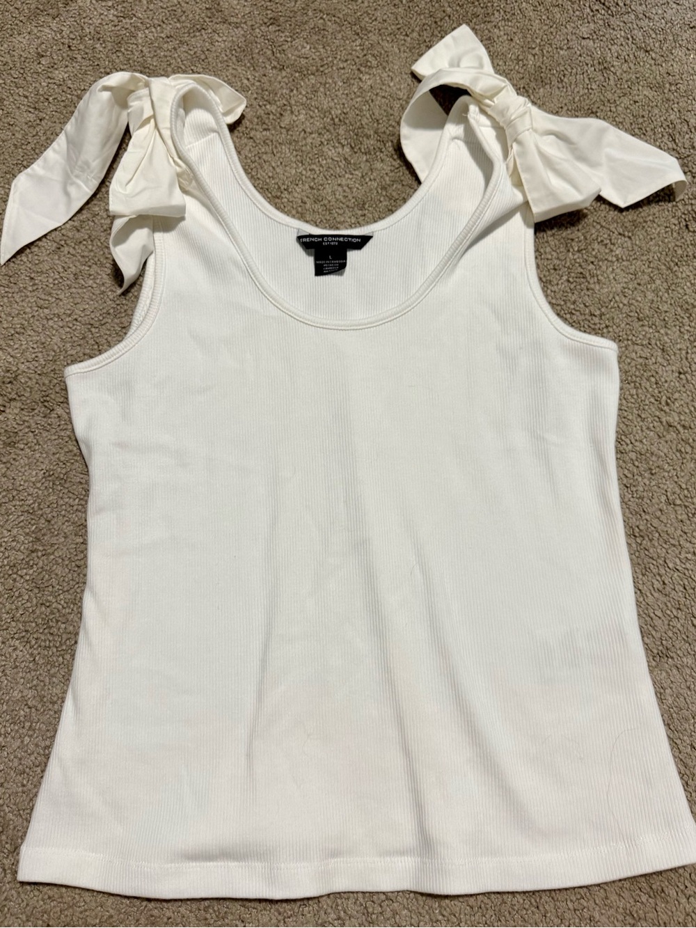 French Connection Cream Ribbed Tie-Shoulder Tank
